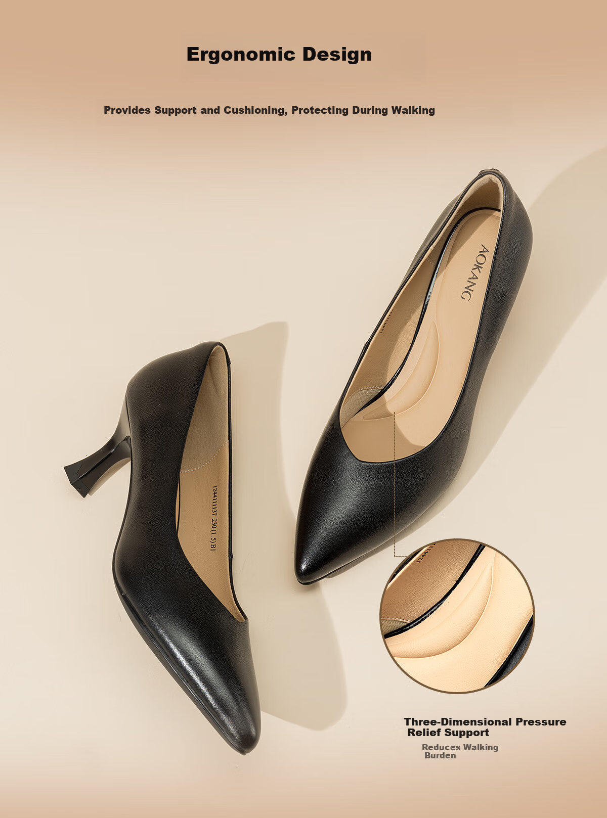 Aokang Official Women's Leather High Heels, Black Thin Heel Professional Work Shoes, OL Pointed Toe Low-Cut Pumps, Size 35 11