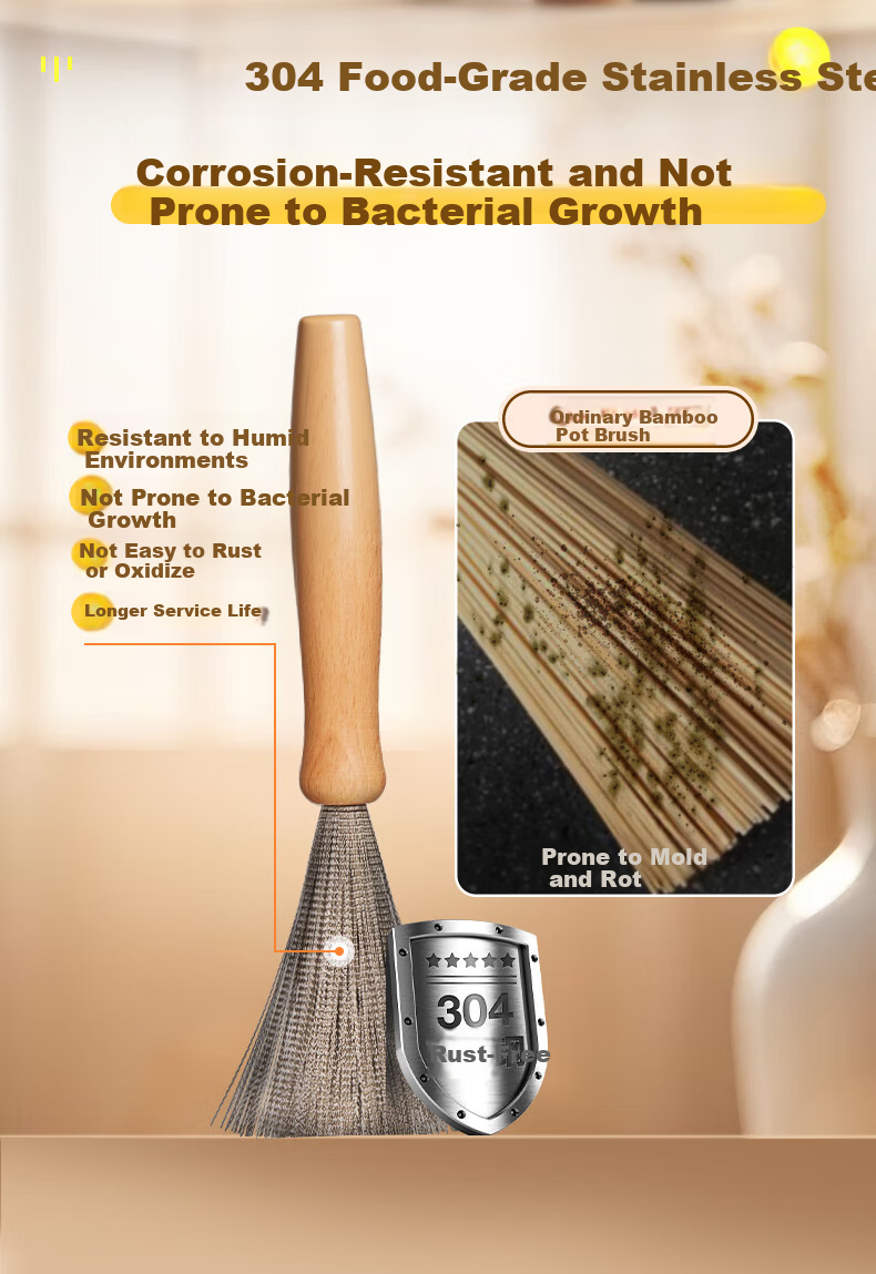 KUMBAZZ Stainless Steel Pot Brush Long Handle Kitchen Scrubber Extended Food-Grade Steel Wire Dish Brush Approximately 32cm 5