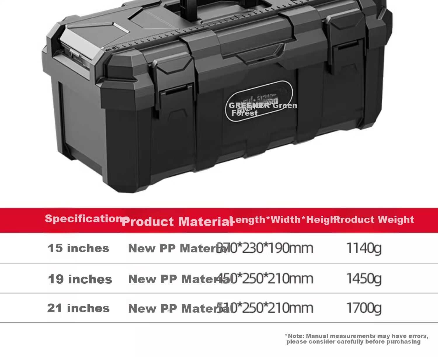 GREENER 21-inch Black King Kong Thickened Toolbox Storage Box Large Industrial Grade Household Portable Car-mounted Multifunctional 14