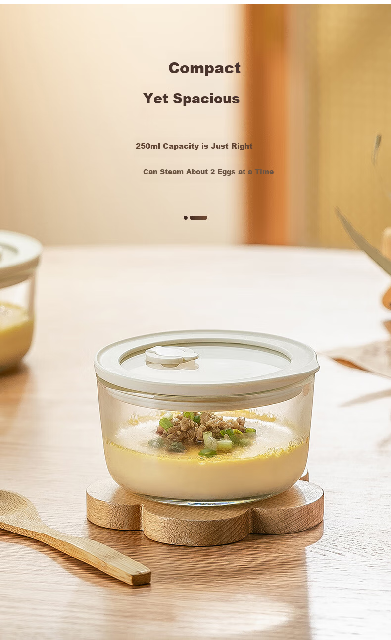 CRISTALGLASS Microwave Electric Steamer Glass Egg Steaming Bowl with Lid Baby Steamed Egg Bowl Single Serving Small Bowl for Steamed Meals 7