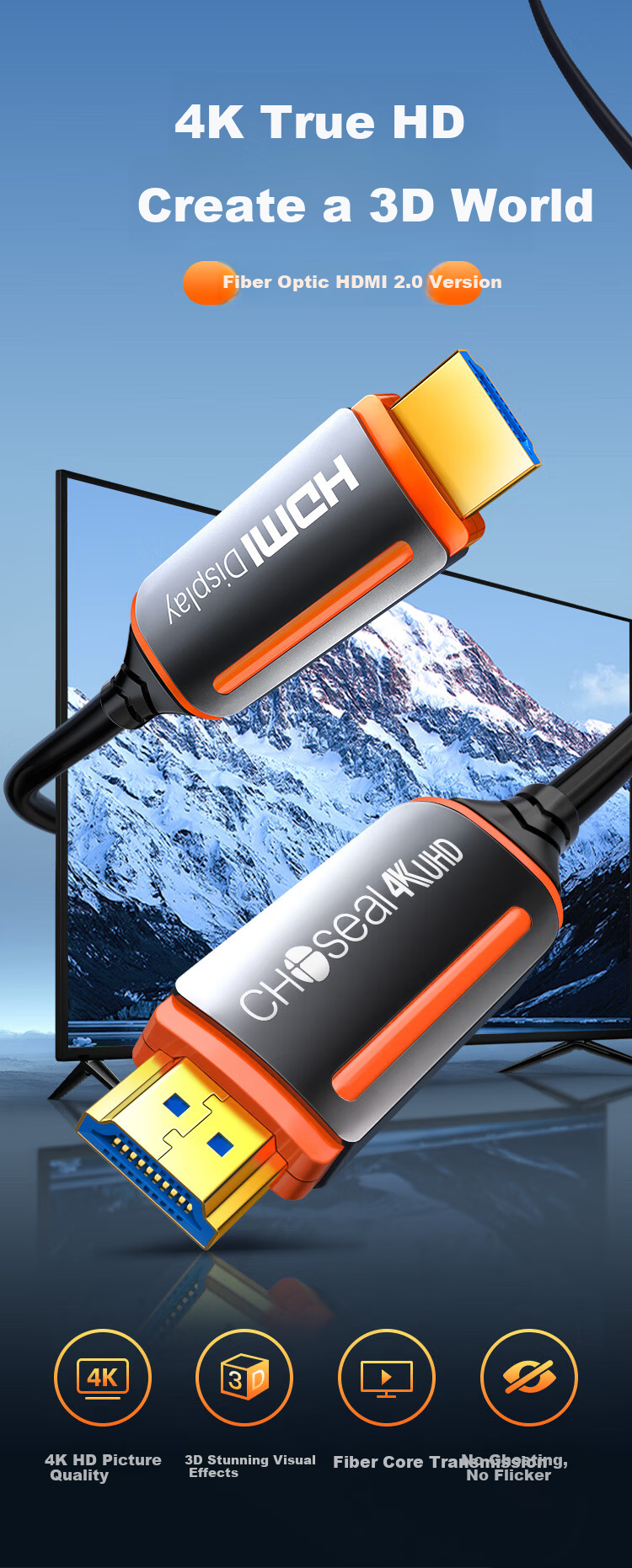 CHOSEAL Optical Fiber HDMI Cable 2.0 Version 4K60Hz High-End HD Cable 3D Video Cable Computer to Projector Monitor Connection Engineering Cable 15m QS8511 1