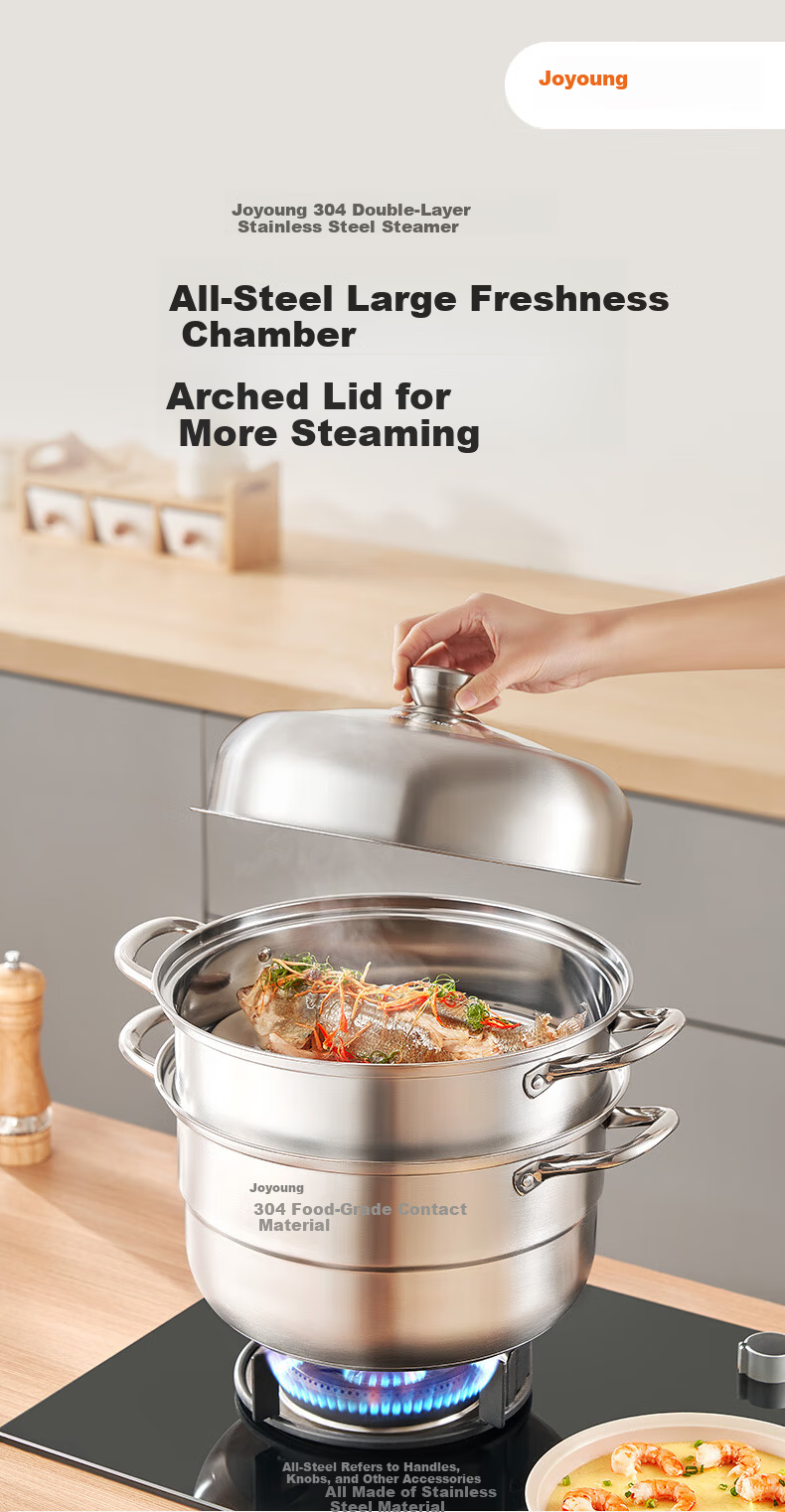 Joyoung 28cm Stainless Steel 304 Double-Layer Steamer Pot with High Dome Lid, Large Capacity, Stove Compatible for Home Steaming, Cooking, and Soup Making 2