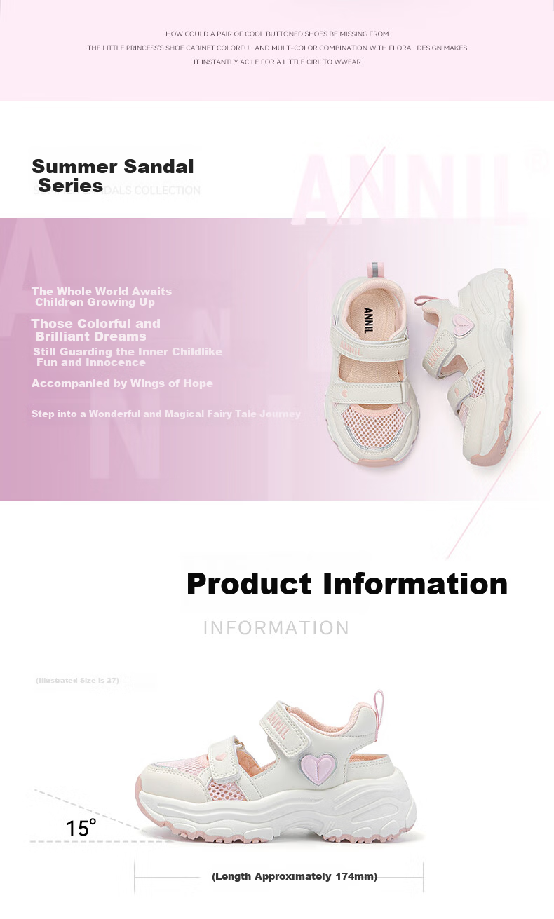 ANNIL Girls Summer Sandals Magic Tape Closed Toe Beach Shoes Children's Mesh Shoes 5303 White Size 32 2