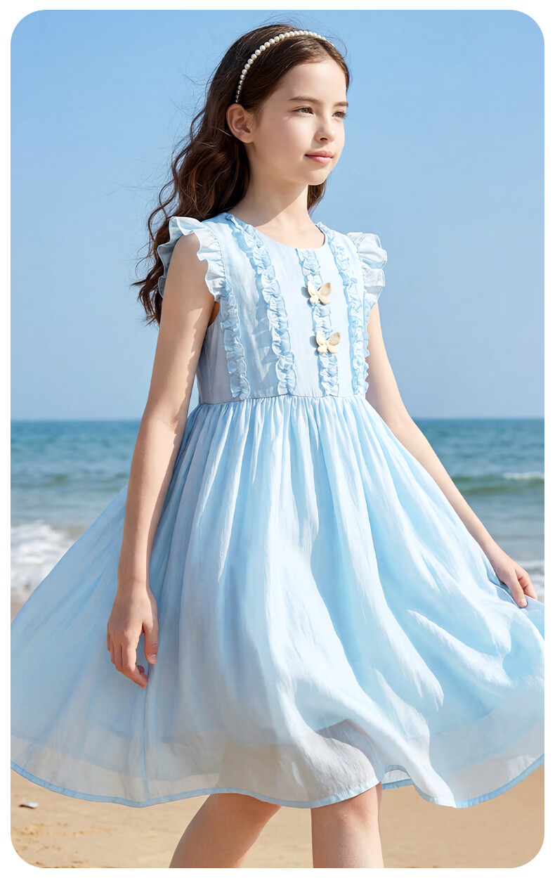 Disney Girls' Tencel Dress Summer New Princess Dress for Older Girls 1A113 Sky Blue 150 15