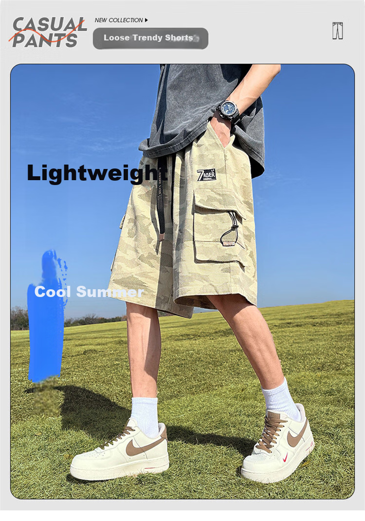 I'M DAVID Men's Workwear Shorts Summer Casual Loose Five-Point Pants Trendy Thin Mid-Length Shorts Military Green Camouflage 7XL 1