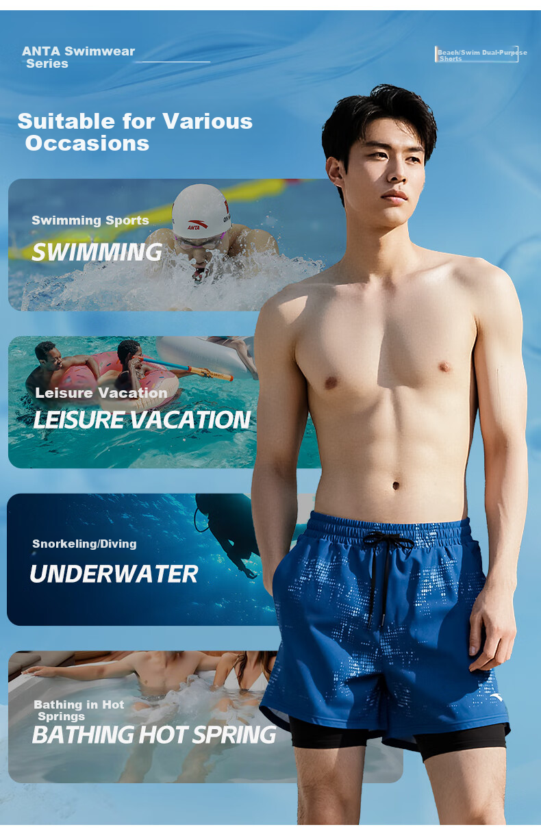 ANTA Men's Double-Layer Quick-Dry Beach Swim Trunks, Professional Five-Point Swimming Shorts, 2026 New Model 4