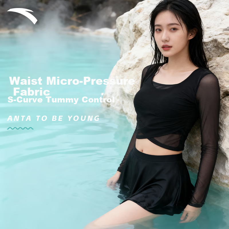 ANTA Women's Slim Waist Two-Piece Long Sleeve Swimsuit 2025 Vacation Hot Spring Slimming Conservative Swimwear M
