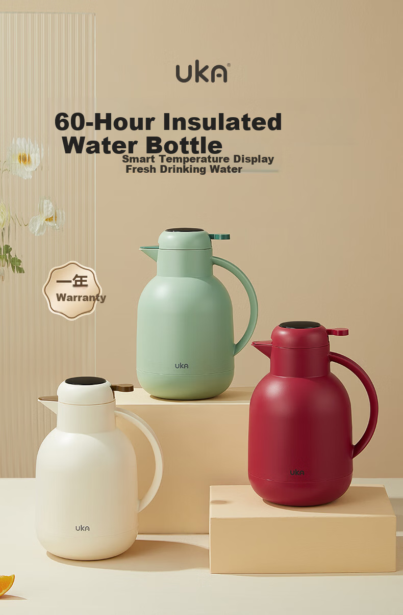 UKA Insulated Thermos Flask Household Large Capacity Glass Liner Kettle Student Dormitory Hot Water Bottle Warmer White Temperature Display 2.0L 3