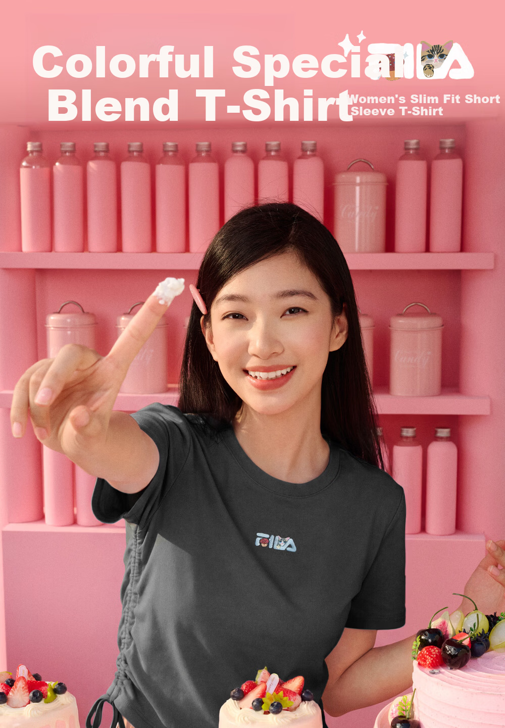 FILA Yang Mi Same Style Knitted Short Sleeve Shirt Women 2026 Summer Side Drawstring Fashion Casual Embroidered Logo Slim T-Shirt 1