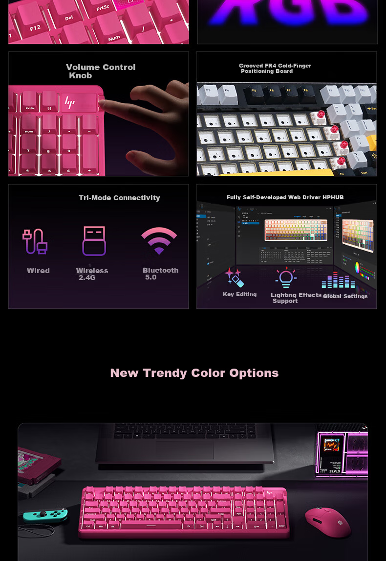 HP GT98 Mechanical Keyboard Wireless Wired Bluetooth Tri-Mode Gasket Customizable Gaming Keyboard Office Computer Starry Black Jade Switch 2