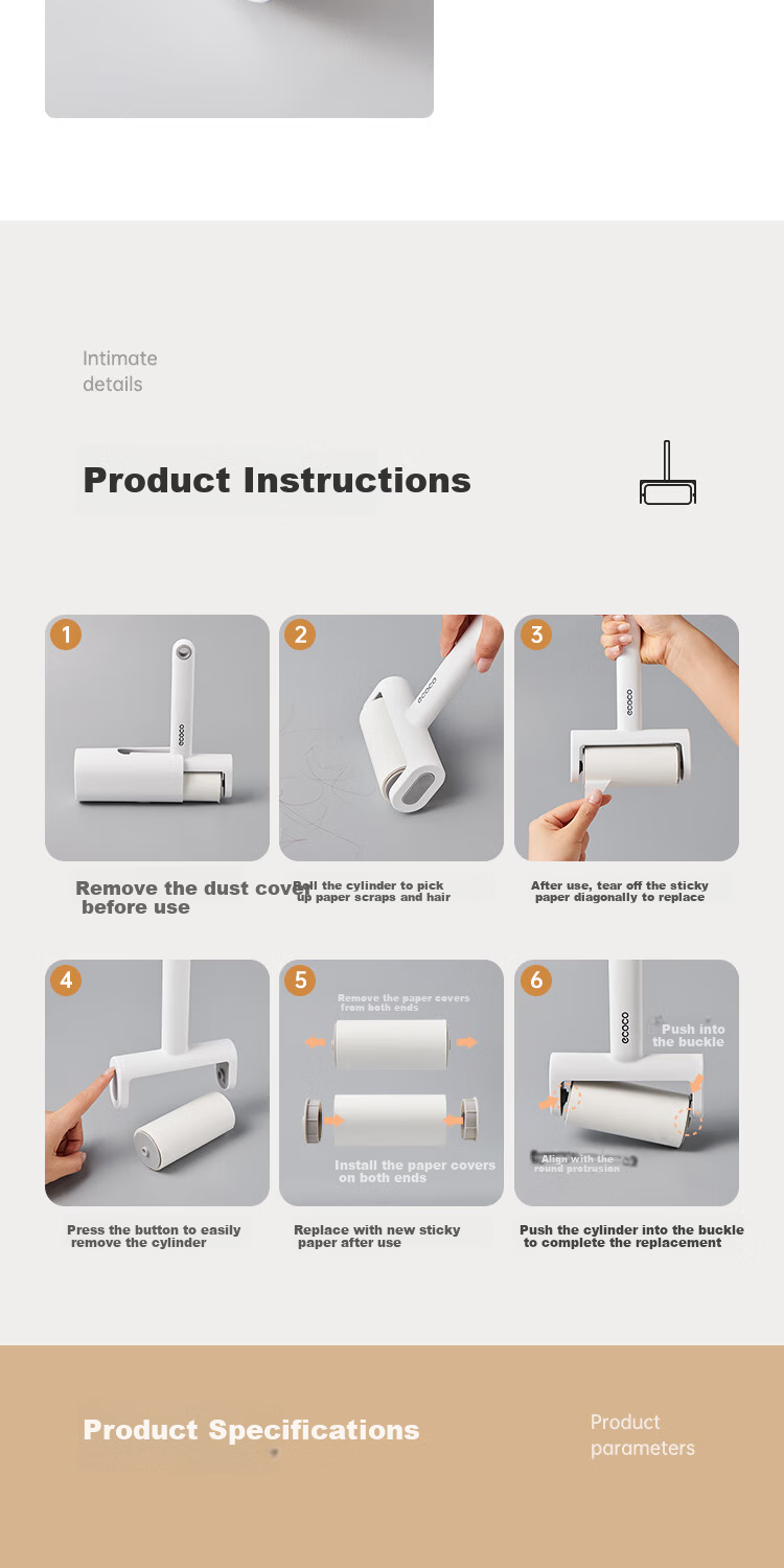 Ecoco Removable Replacement Head, 16cm, 6 Rolls, 360 Tear-Off Dust Roller, Lint-Free Cleaning Tool, Specially Designed for Home Use, E23100 18