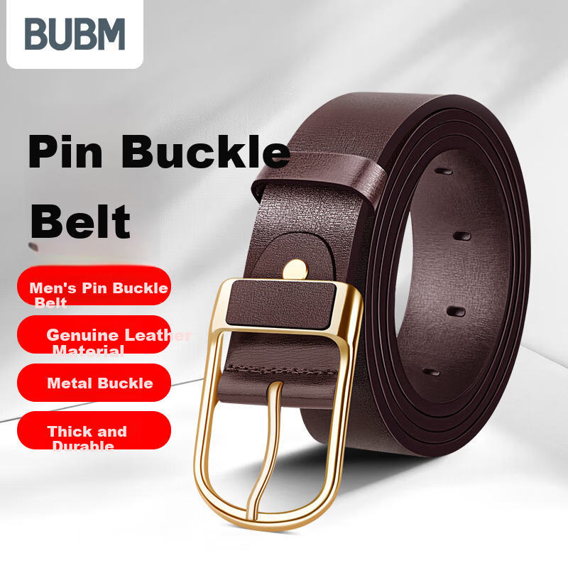 Biyoumei Men's Genuine Leather Belt with Pin Buckle, Business Casual Waistband, Brown 120cm, Premium Gift for Men