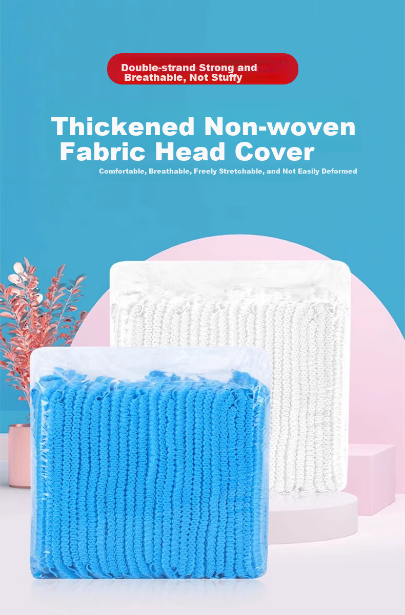 Haosikepu Disposable Head Cover Non-woven Dustproof Cap Strip Hat Hair Net [19-inch Double Rib] Blue 100pcs 1