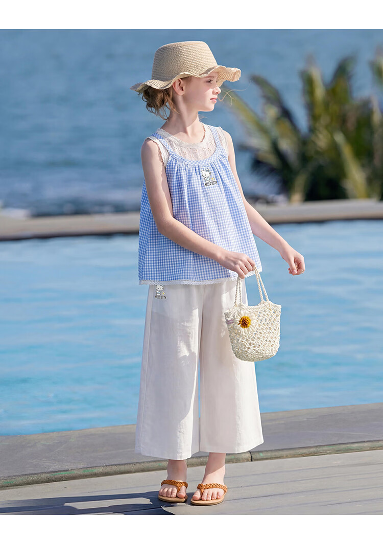 Hello Kitty Girls Summer Salt Style Fresh Plaid Cartoon Set 2026 New Loose Sleeveless Outfit for Older Kids 7
