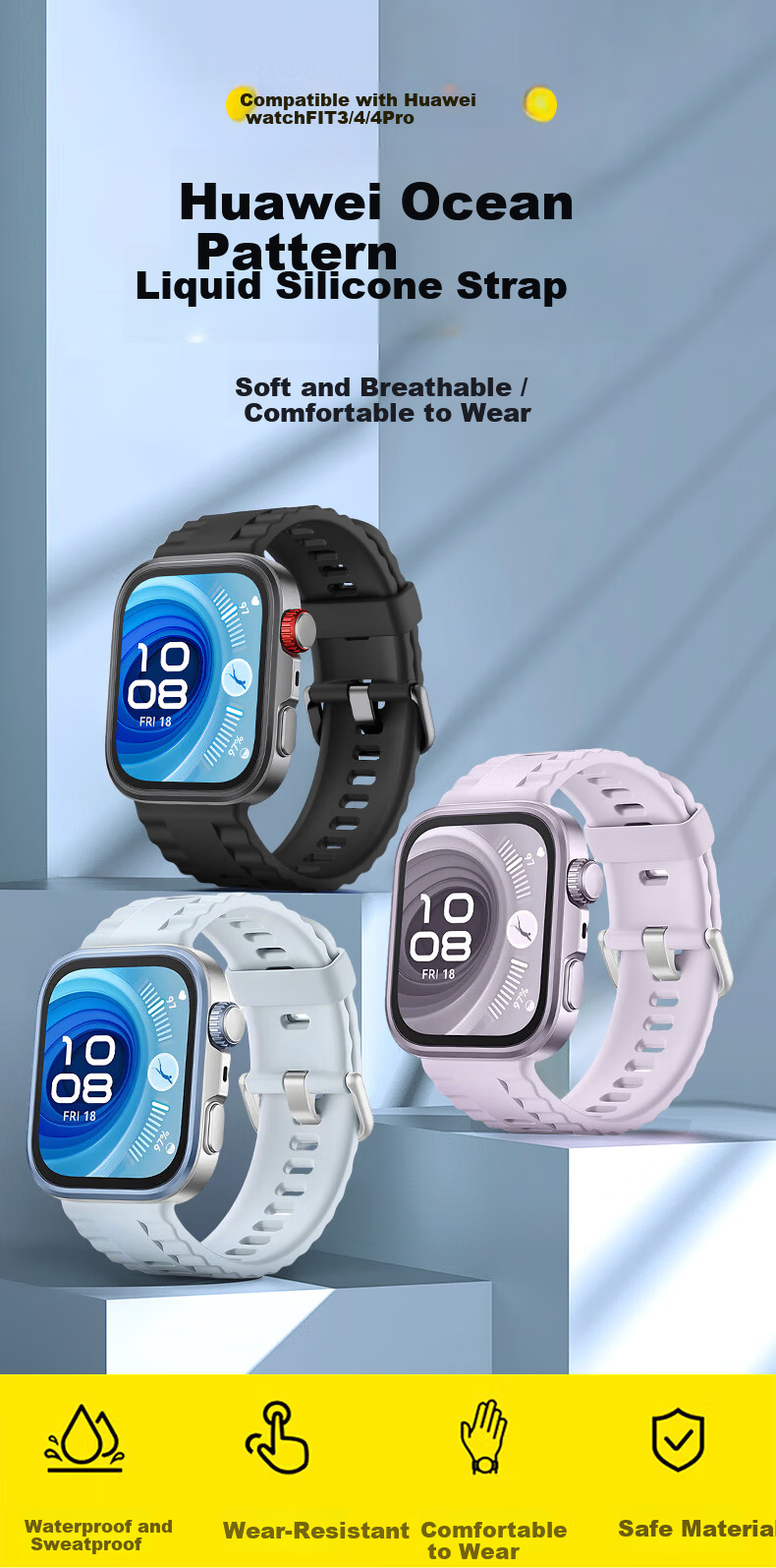 Smorss Silicone Watch Strap for Huawei Watch Fit5/Fit4/Pro, Fit3/4/4Pro, Ocean Pattern Breathable Sports Band Black 1