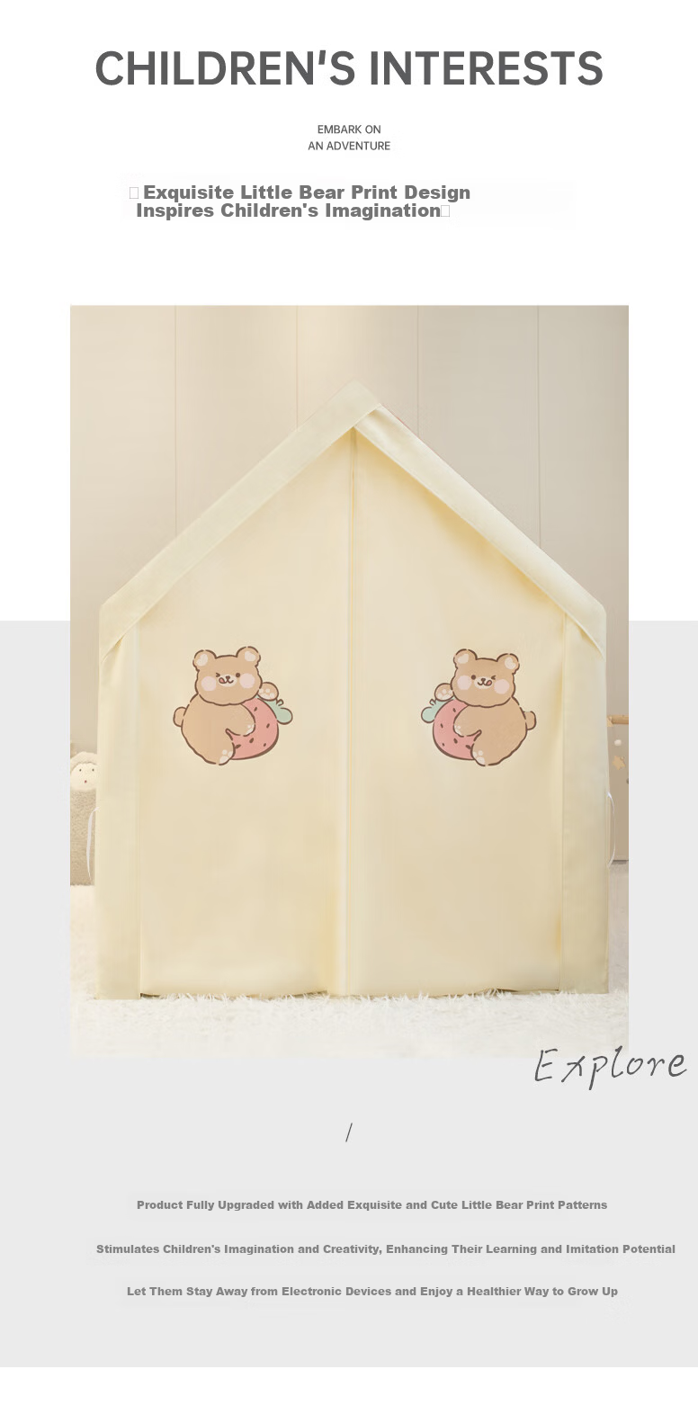 Mushroom Elephant Kids Indoor Play Tent Bear Print Birthday Gift Fun House with Star Lights, Bunting, and Thick Mat 2
