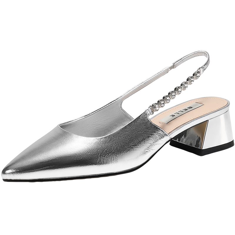 Belle Luminous Star Diamond French Style High Heels Women Summer 2026 New Beaded Pointed Toe Sandals JD041BH6 Silver Chunky Heel Size 36