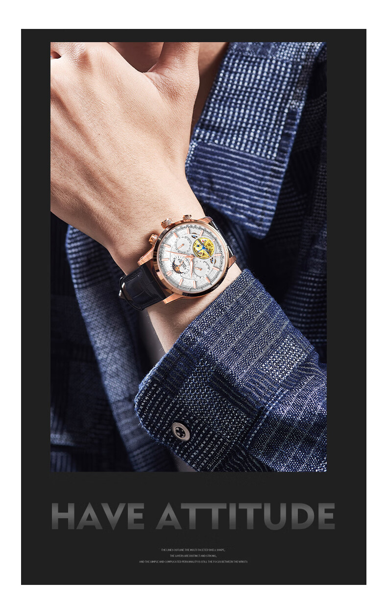 CALUOLA Men's Automatic Mechanical Watch Multifunction Leather Strap Fashion Business Wristwatch Birthday Gift 5