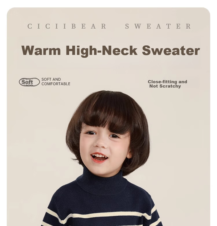 Ciciibear Boys' Sweater Autumn Winter Thickened Half Turtleneck Baby Striped Knitwear Children's Clothing 1