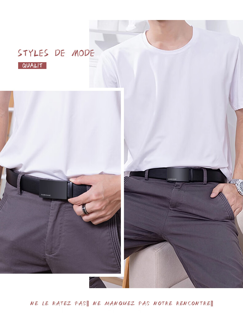 ELLE HOMME French Brand Men's Genuine Leather Automatic Buckle Belt Cowhide Waistband Gift Box Birthday Gift for Husband Father's Day 7