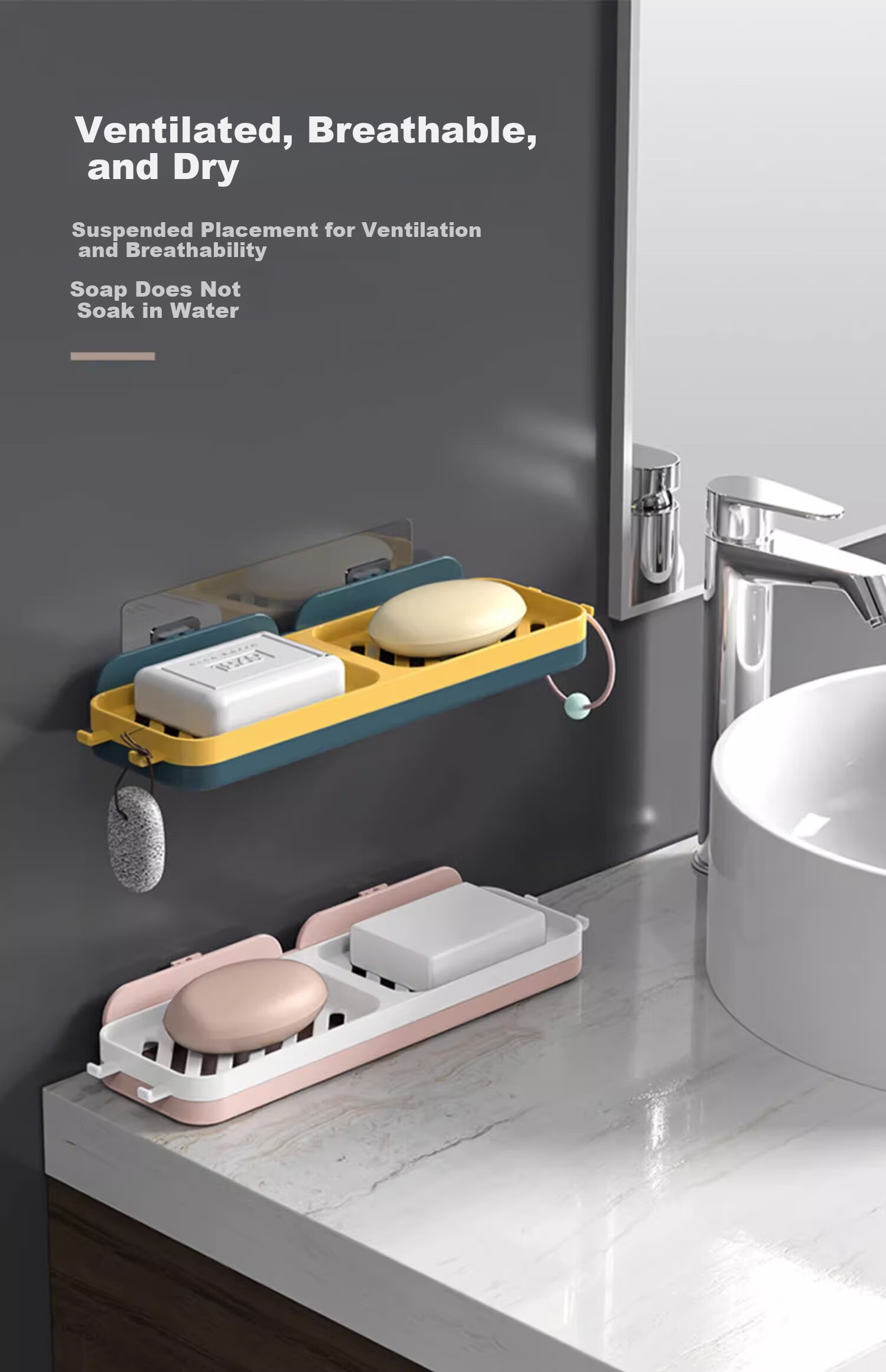 Tingjian Time Wall-Mounted Soap Box Storage Rack No-Drill Bathroom Sink Double-Layer Draining Soap Holder 9