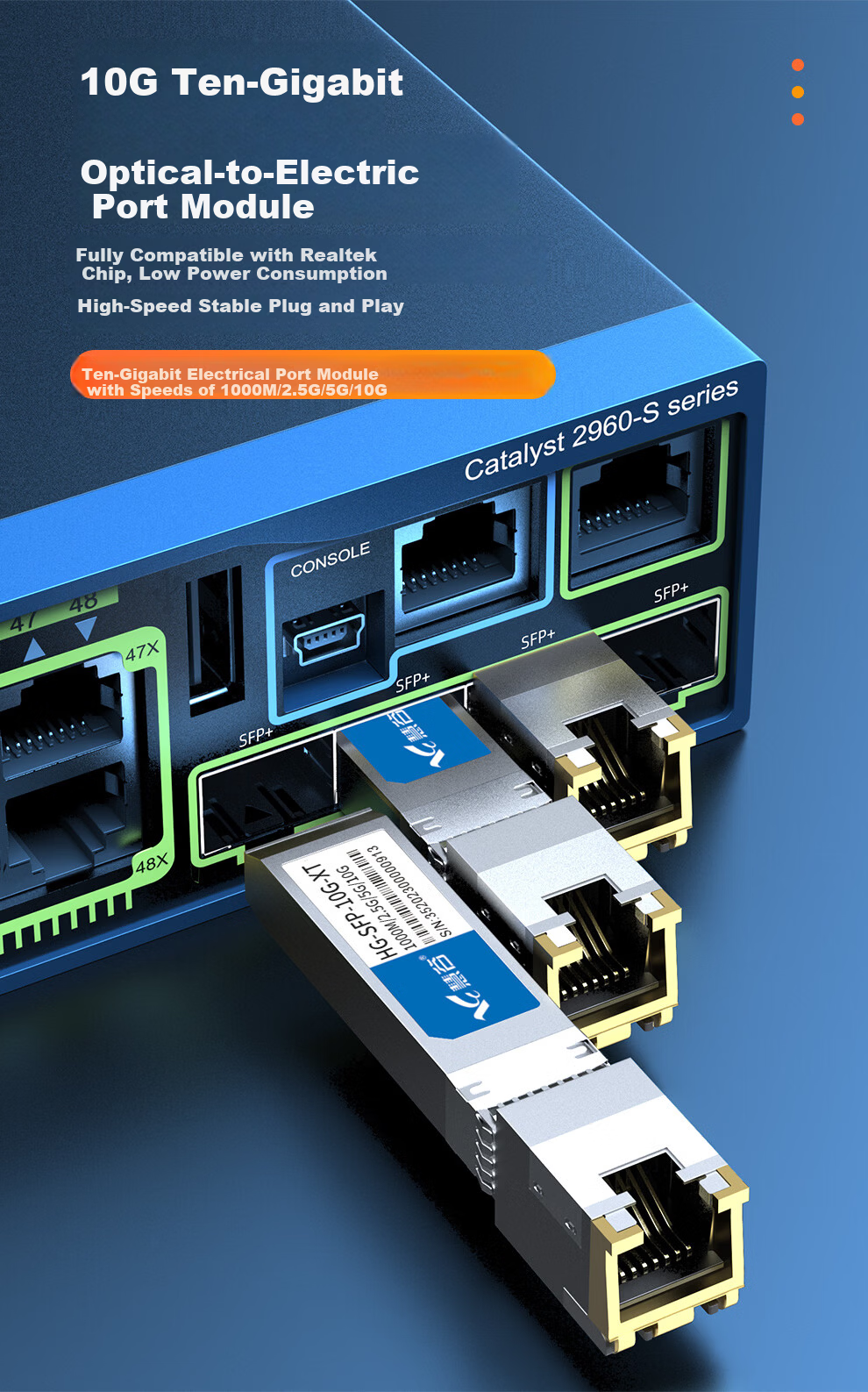 Huigu 10G Optical to Electrical Port Module SFP+ Optical to RJ45 Electrical Port Module Adaptive 1G/2.5G/5G/10G HG-SFP-10G-XT 3