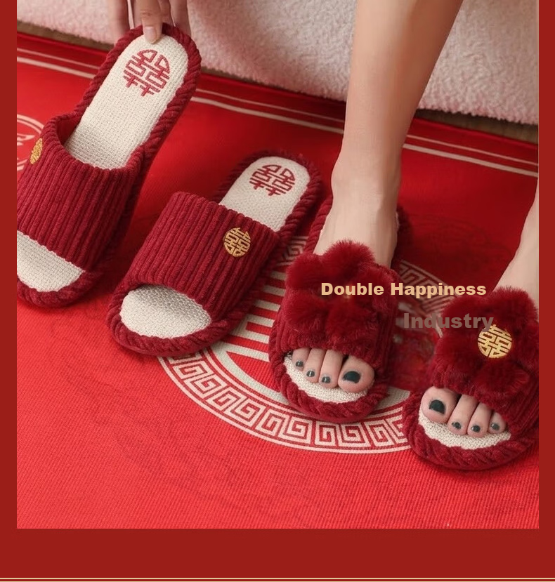 FOOTOPPO Couples Wedding Linen Red Slippers New Bridal Red Shoes Women's Summer Bright Red Pure Linen Soft Sole Slippers Men 16