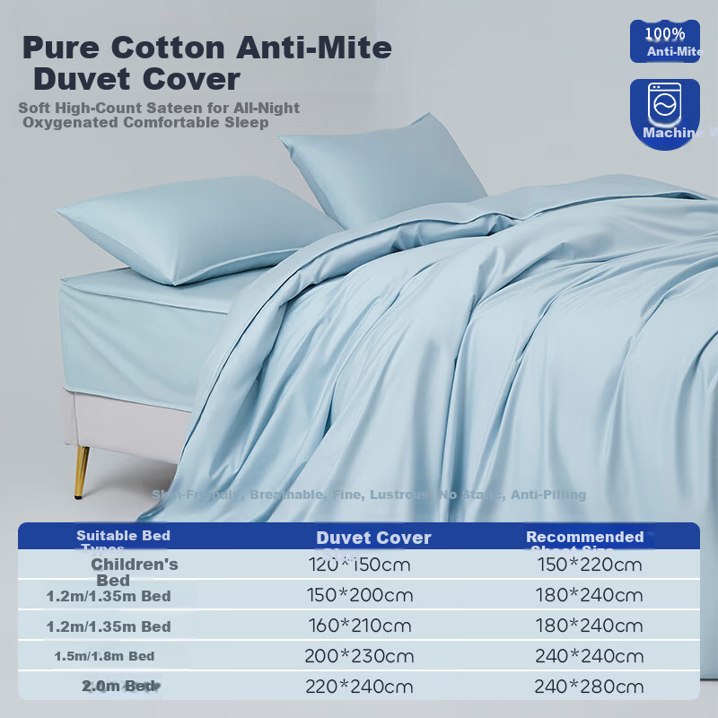 Anmino 100% Anti-Mite Bed Sheet 80-Count Cotton A-Class Satin Solid Color Washable