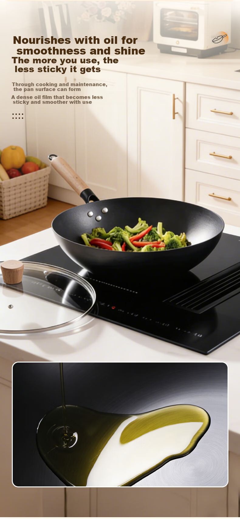 Jingmi Premium Cast Iron Wok 34cm Healthy Non-Coated Iron Frying Pan Universal for Home and Open Flame Cooking 10
