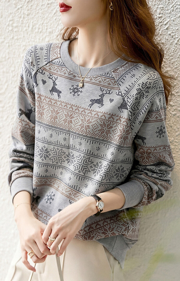 Demana [Forest Fawn] Lightweight Oxygen Cloud Cotton Ribbed Crewneck Printed Stretchy Long Sleeve Sweatshirt for Women 13