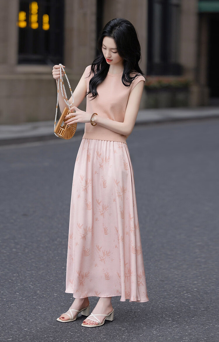 Demana [Guofeng Ice Silk Set] Spring Summer Elegant New Chinese Style Sleeveless Top Printed A-line Skirt Women's Two-piece Set 6