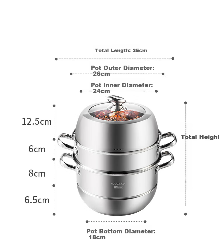 MAXCOOK Steamer 32cm 2-Tier 304 Stainless Steel Thickened Base Compatible with Gas and Induction Cooktops 18