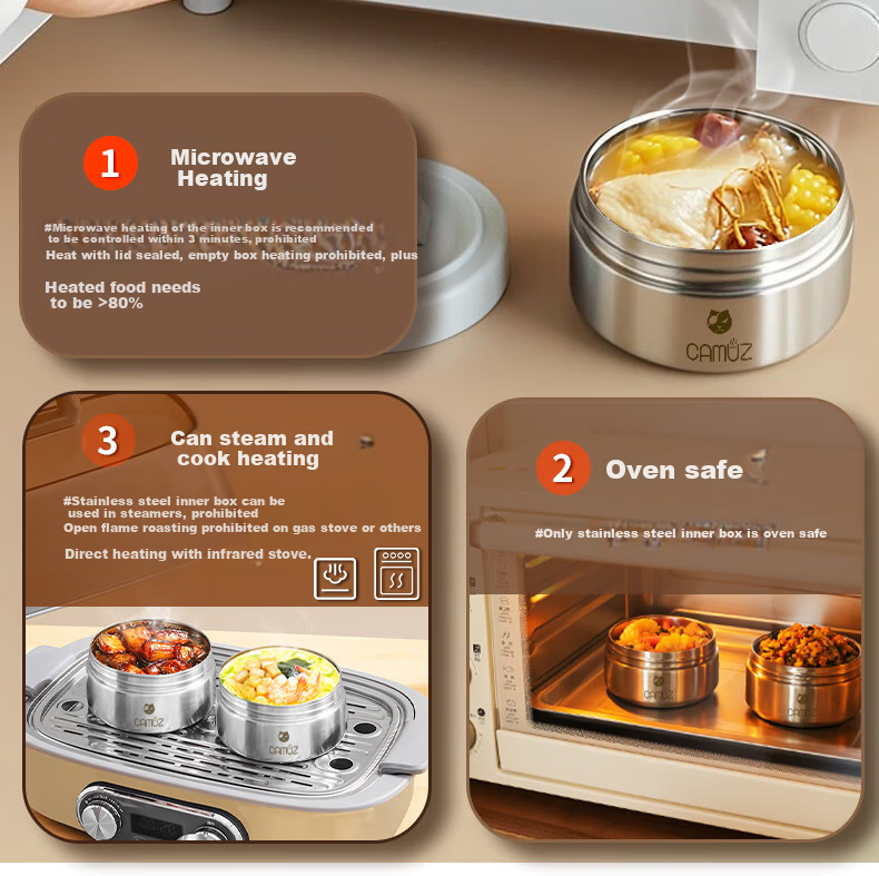 CAMUZ Insulated Lunch Box 316 Stainless Steel Microwaveable Thermal Container Large Capacity 4-Pack 7