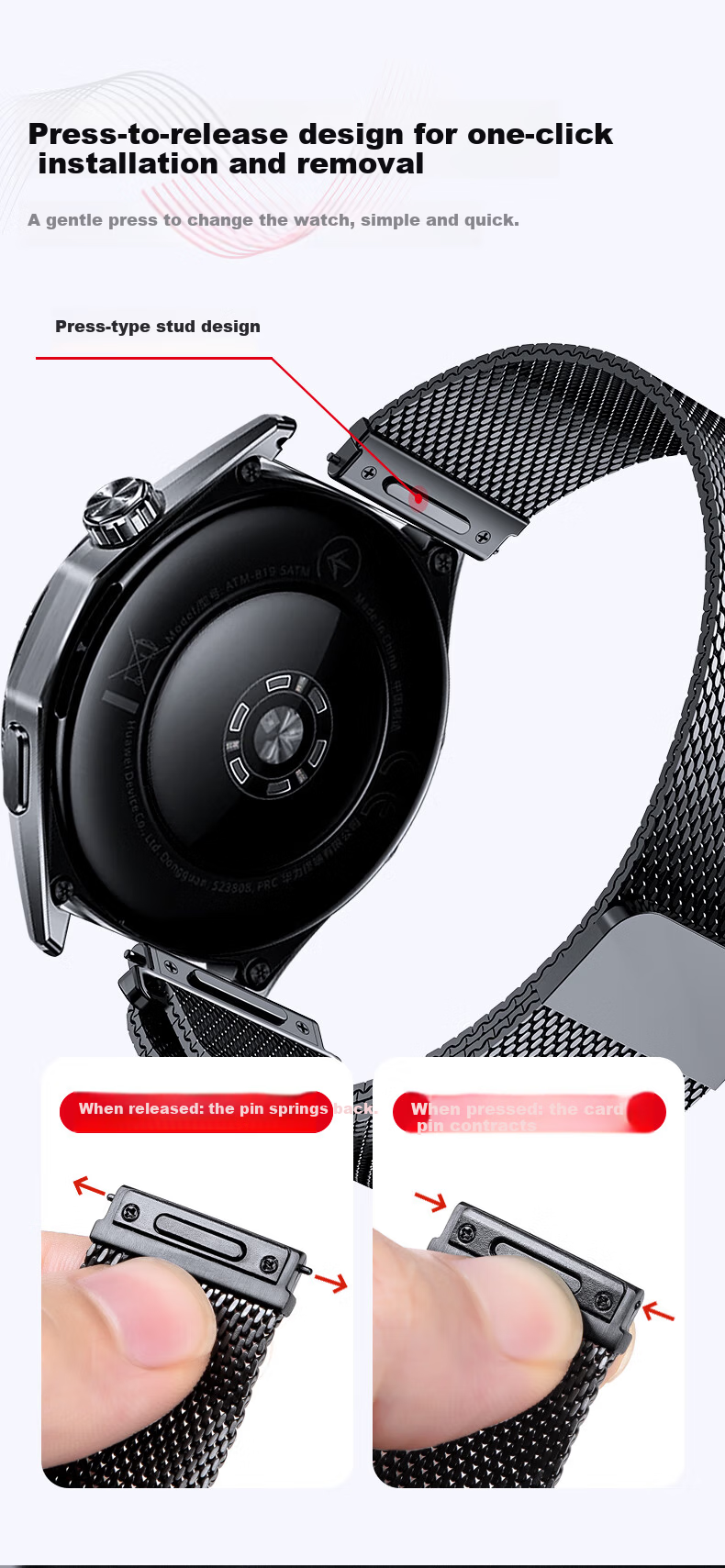 Competitor Milanese Stainless Steel Magnetic Strap for Huawei GT6/GT6 Pro/GT5/GT4/GT3 Pro Watch, Breathable Metal Band for Men, 46mm Business Wristband 4