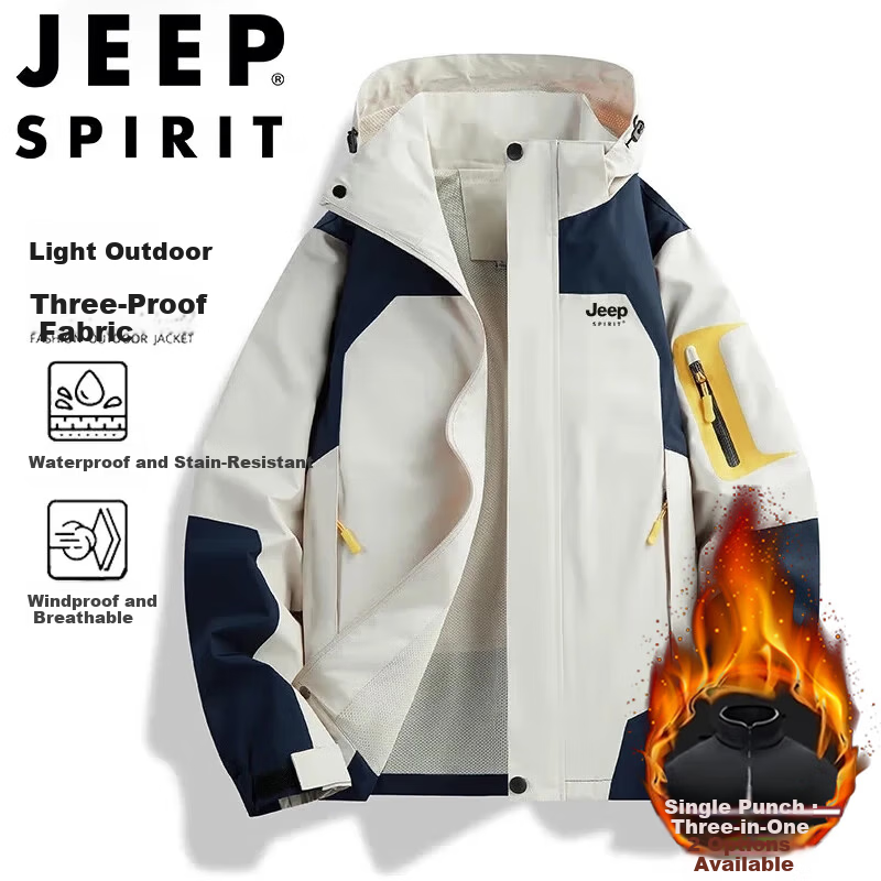 JEEP SPIRIT Men's Spring Autumn Jacket Outdoor Sports Hooded Mountaineering Coat Ivory White XL
