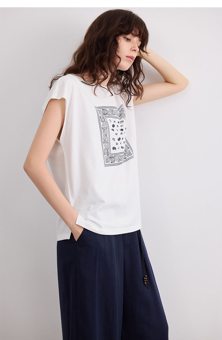 Demana [Cool Sorona] Summer Retro Print Crew Neck Short Sleeve Loose Casual Simple Versatile Women's T-Shirt 16