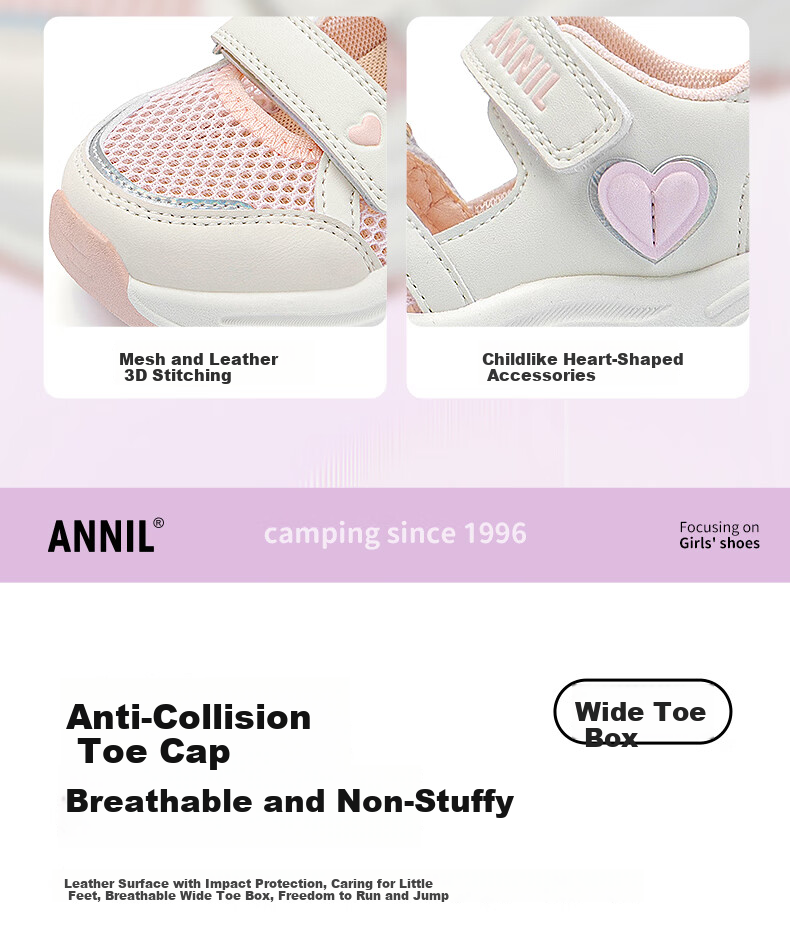 ANNIL Girls Summer Sandals Magic Tape Closed Toe Beach Shoes Children's Mesh Shoes 5303 White Size 32 8