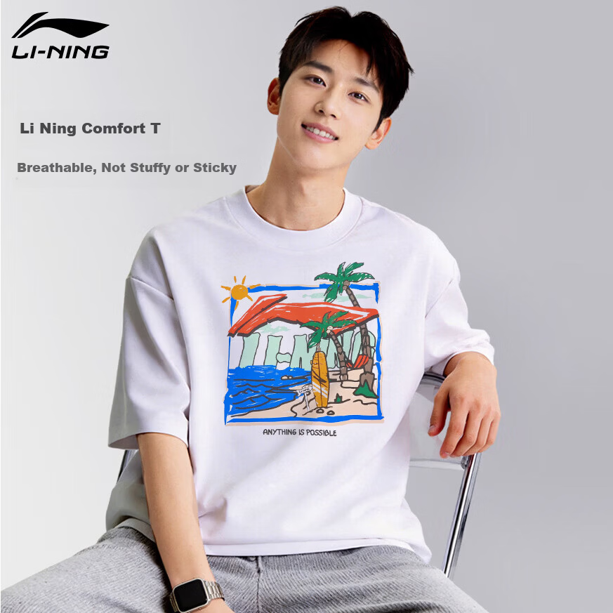 LI-NING Men's Summer 2026 New Comfortable Breathable Short Sleeve Crew Neck Casual Printed Sports T-Shirt