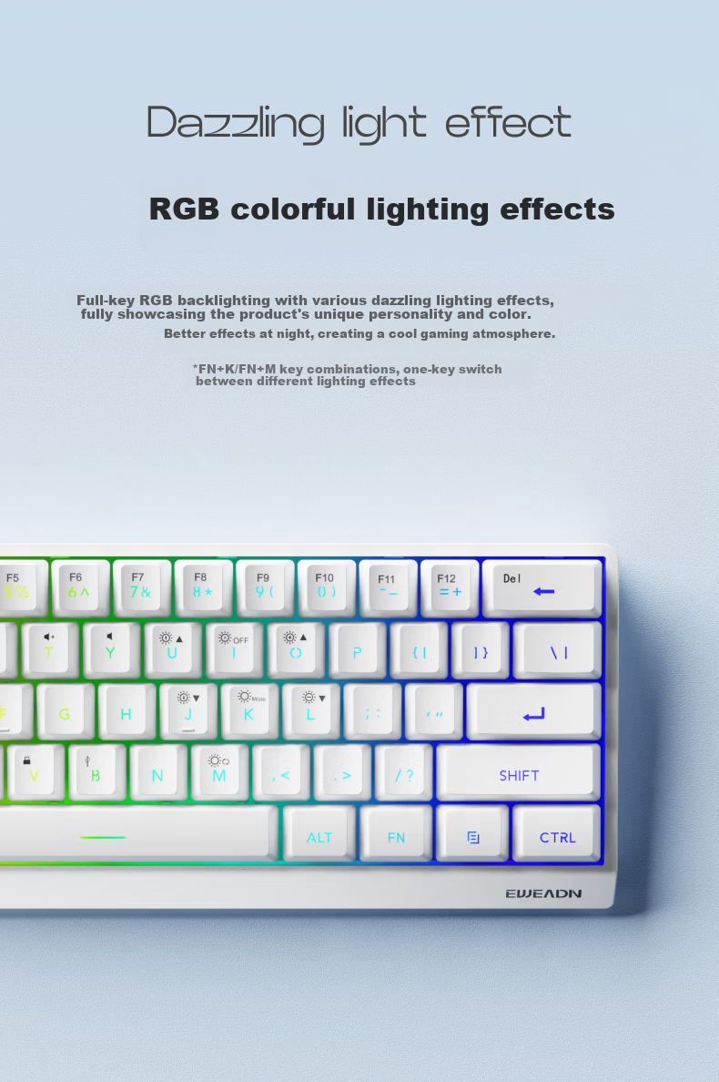 EWEADN F61 Wireless Keyboard Wired Bluetooth Tri-mode Silent Mechanical Feel Gaming Portable 61-Key Membrane Keyboard for PC Laptop Tablet iPad BlackBerry 4