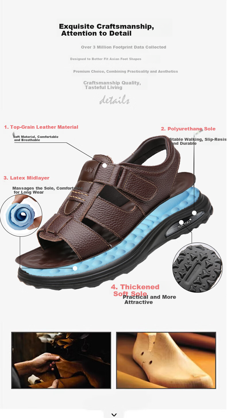 Aokang First Layer Cowhide Men's Sandals Beach Shoes Cowhide Trendy Middle-aged and Elderly Dad Leather Sandals Black 41 7