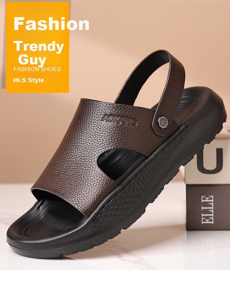 Aokang Summer New Thick-Soled Sandals, Cowhide Soft Sole Casual Beach Shoes Slippers, Brown, Size 44 9