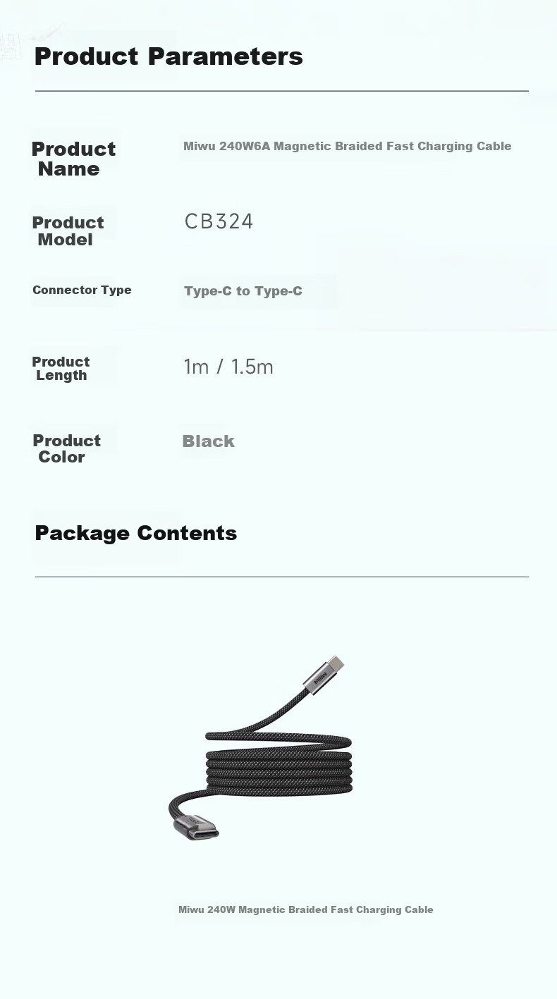 MIIIW Magnetic Type-C Charging Cable 240W 6A Fast Charging for Apple 17/Xiaomi/iPad/Huawei/Laptop 1m 8