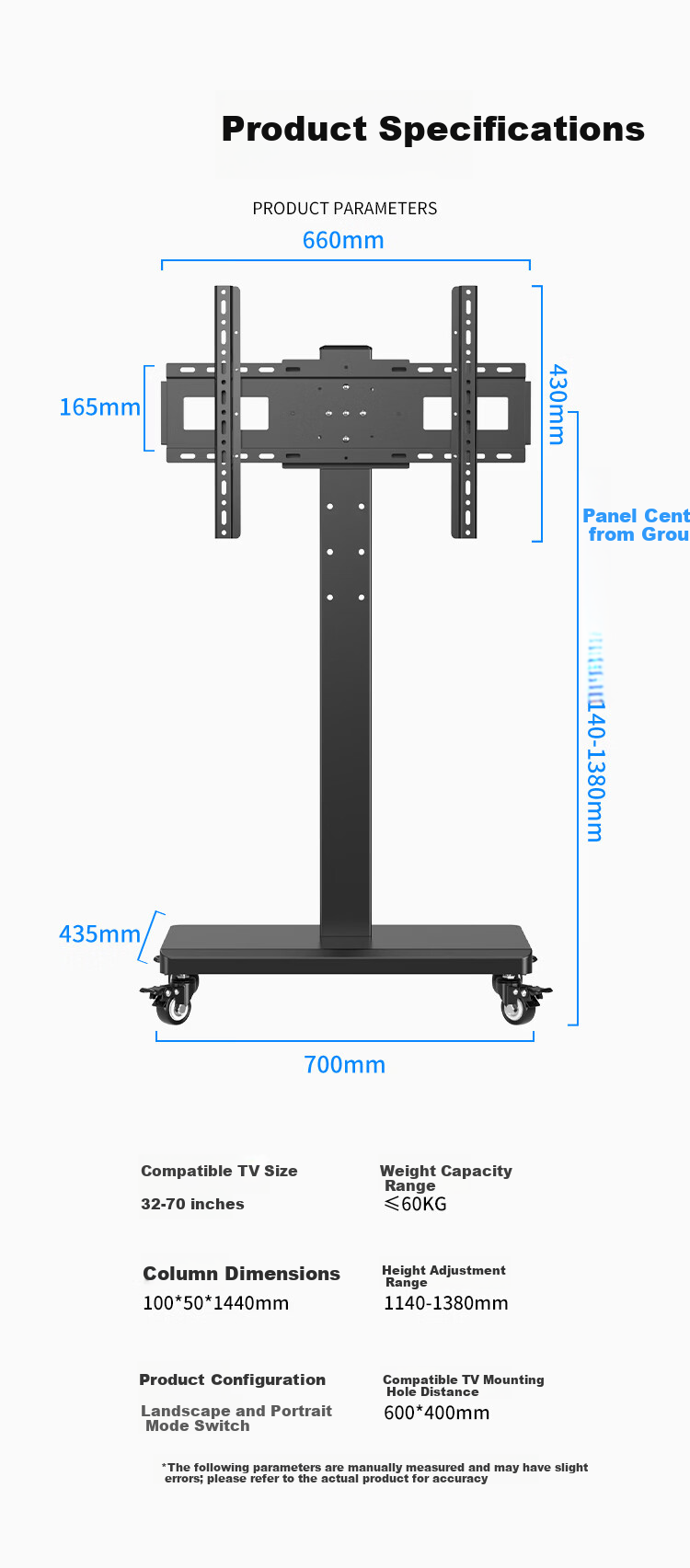 TAZD TV Stand Mobile 32-70 Inch Adjustable Height 90° Rotatable Floor Cart TV Mount Monitor Bracket Compatible with Xiaomi Hisense 10