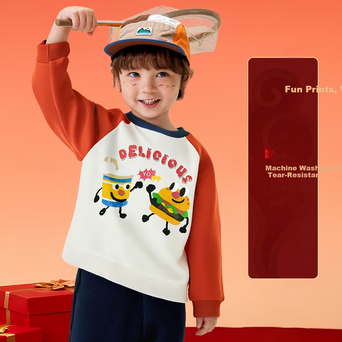 MQDMINI Boys' Sweatshirt 5A Antibacterial Kids' Outdoor Casual Cartoon Colorblock Top Delicious Burger