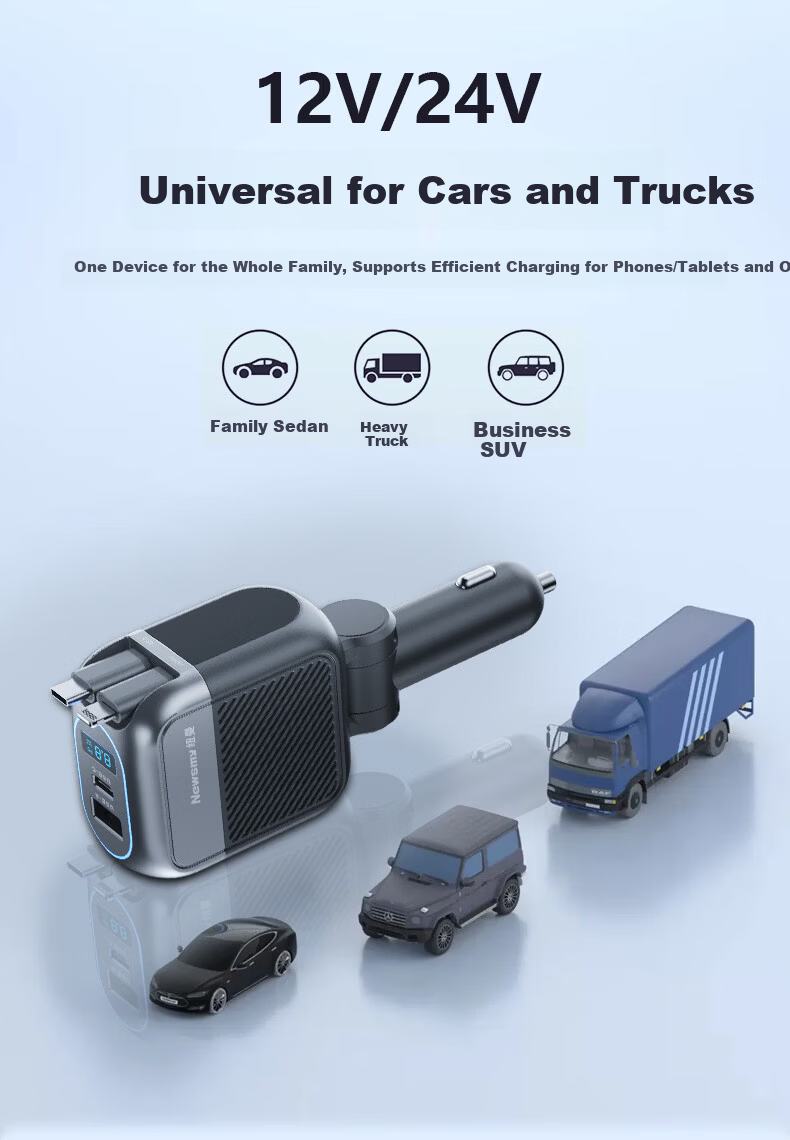 Newsmy Car Charger Super Fast Charging with Retractable Cable Multi-Function 3-in-1 Cigarette Lighter Adapter Car Charger 32