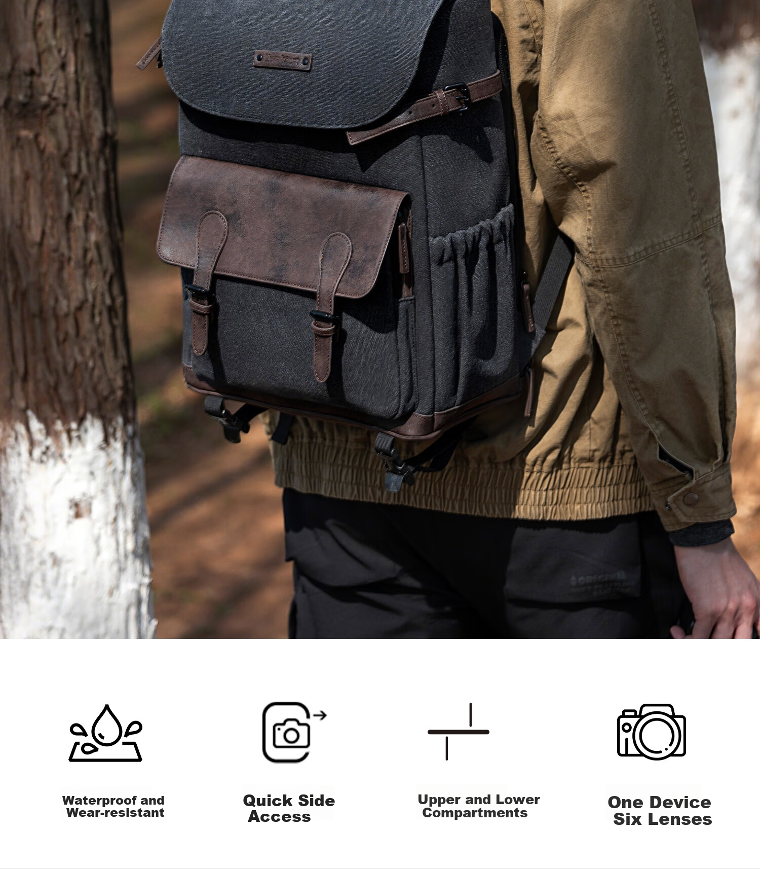 CWATCUN Vintage Camera Bag, Double Shoulder Photography Backpack with Separate Compartments for Top And Bottom, Scratch-Resistant, Wear-Resistant, Large Capacity, Waterproof Photography Bag, Portable Bag 2