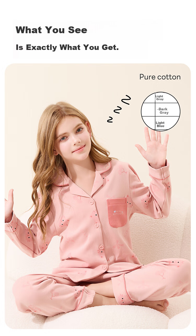 Hodo Kids Pajamas Class A Girls Antibacterial Anti-Mite Spring Summer 100% Cotton Mid-Large Children Cardigan Printed Homewear Set 4