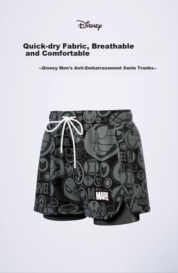 Disney Men's Two-in-One Loose Beach Quick-Dry Hot Spring Boxer Swim Trunks Set D25045 Black L 1