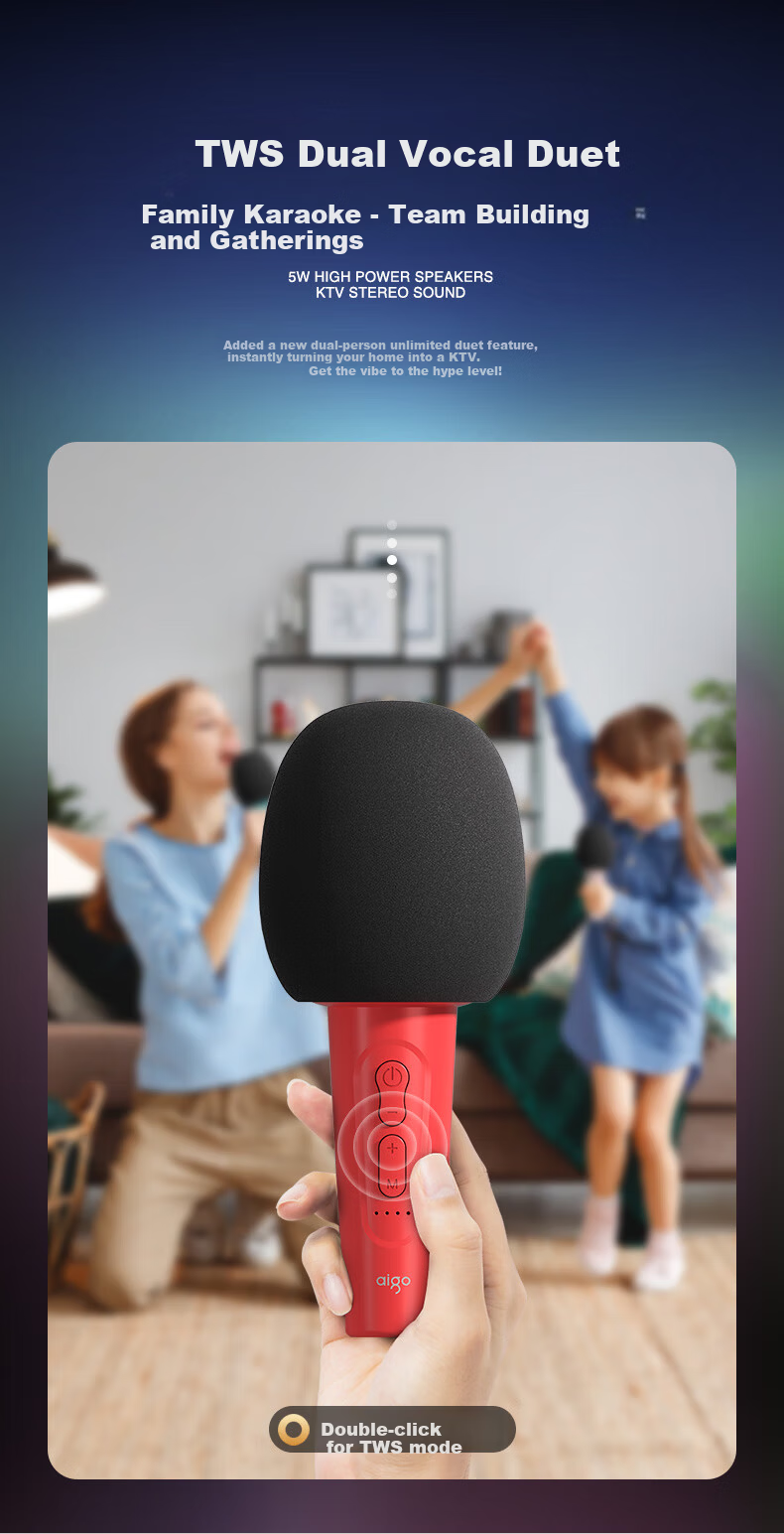 Aigo K2 China Red Wireless Microphone Home KTV Voice Changer Karaoke Speaker TV Douyin Live Noise-Cancelling Bluetooth Singing Handheld Microphone All-in-One Entertainment System 6