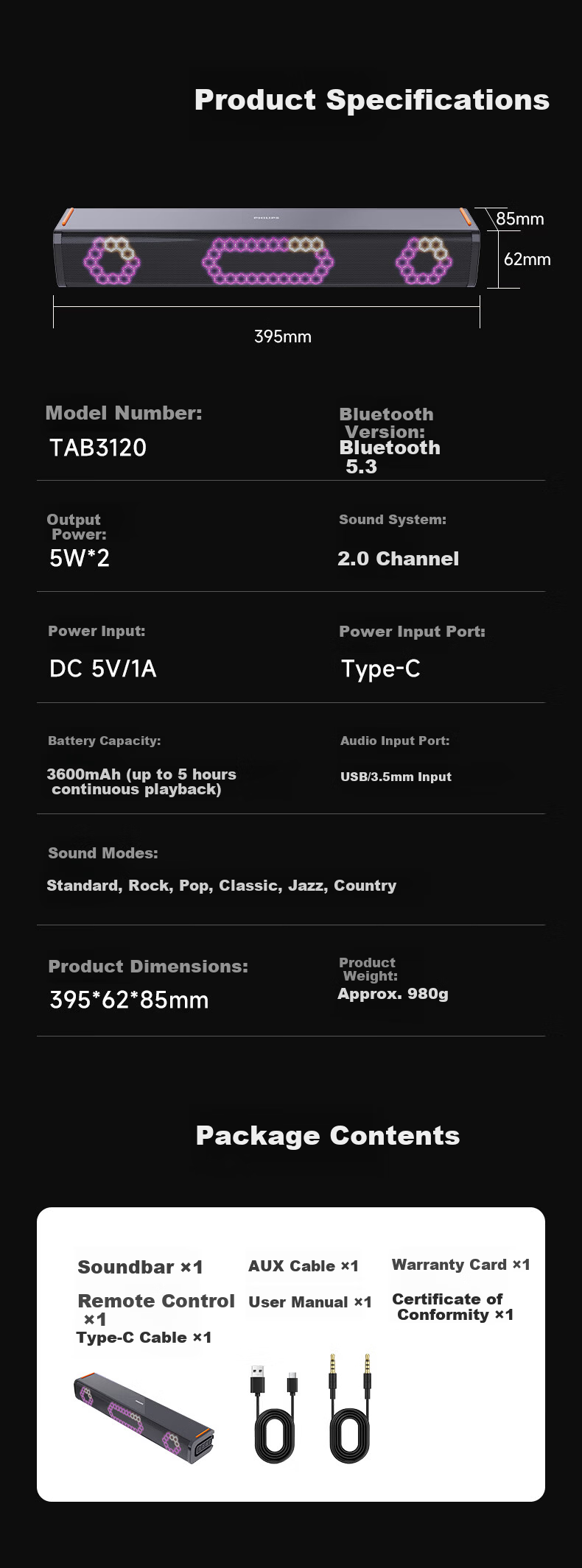 PHILIPS Soundbar RGB Mini 2.0 Channel TV Speaker Computer Gaming Wireless Bluetooth Desktop Speaker TAB3120/93 11